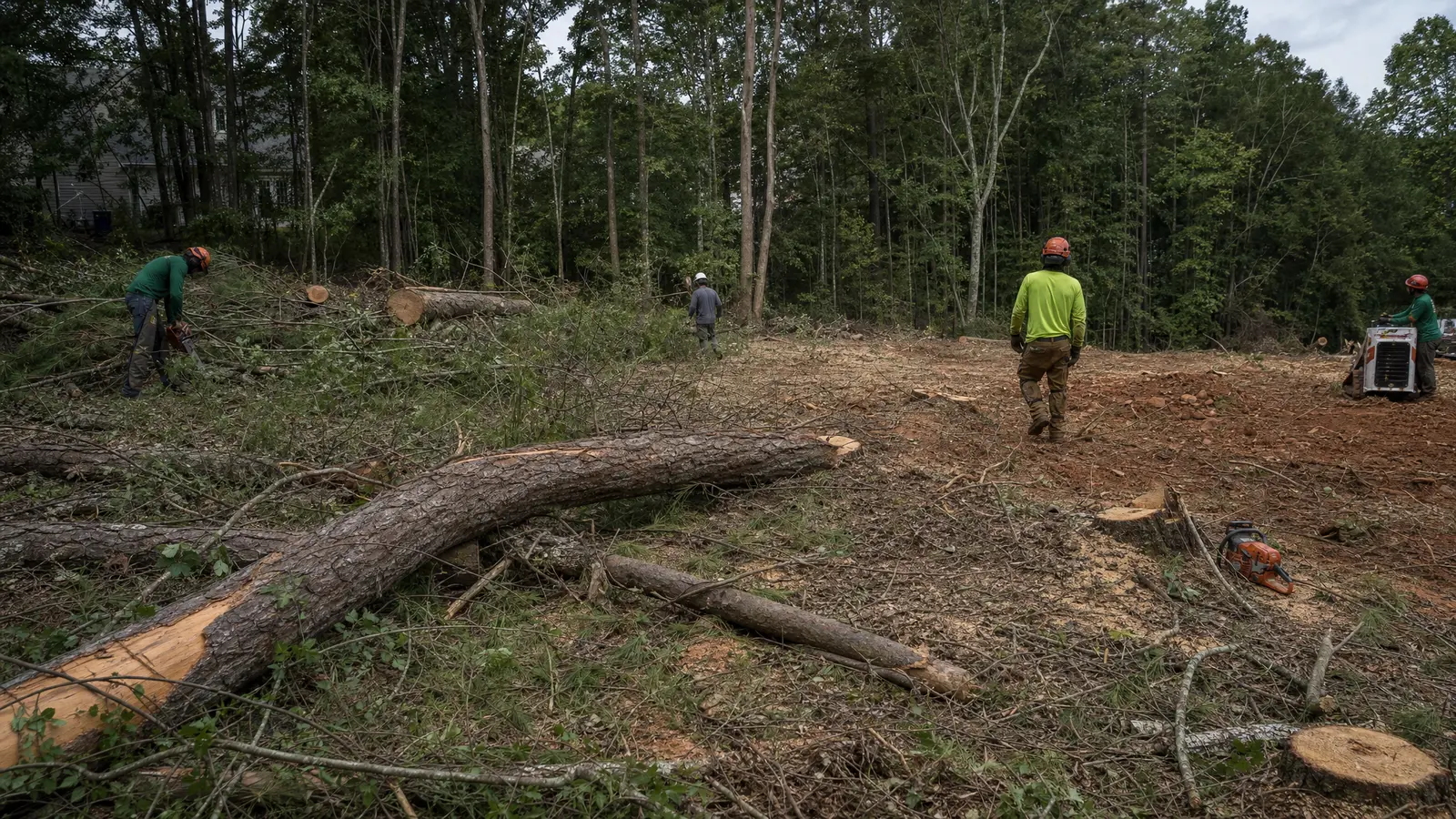Tree crew clearing a wooded commercial lot